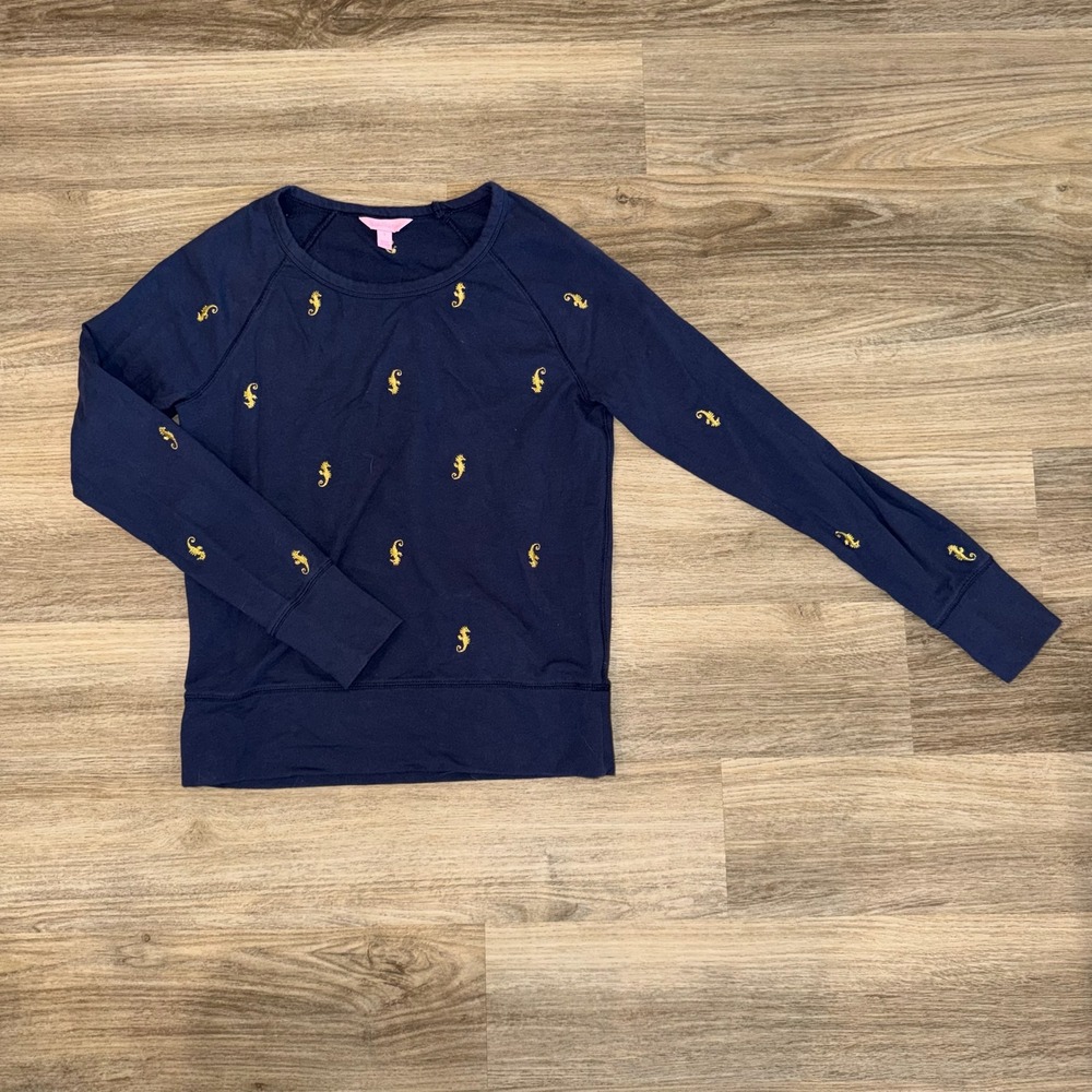Lilly Pulitzer Kingsley Seahorse Embroidered Sweatshirt Navy Blue Size Small